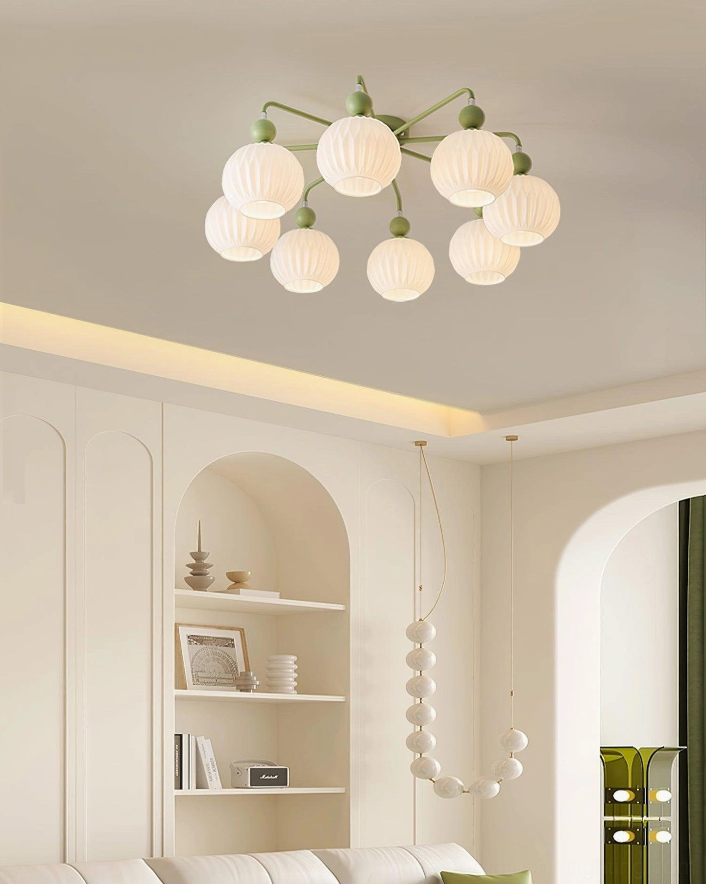 Renee mid-century modern ceiling light showing ribbed glass shade design and metal frame