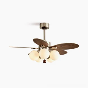 Mid-century modern ceiling fan light with five frosted glass globes and walnut wood core, low-angle studio view showing brushed chrome metalwork and geometric design