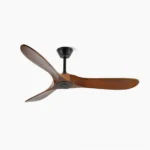 Mid-century modern ceiling fan with three walnut wood blades and black metal canopy, top-down product view on white background