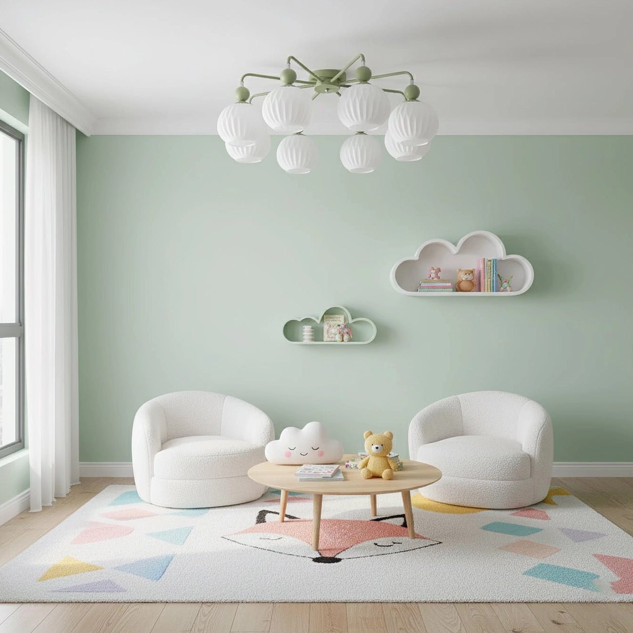Mid-century modern ceiling chandelier showing ribbed glass shade pattern and illumination