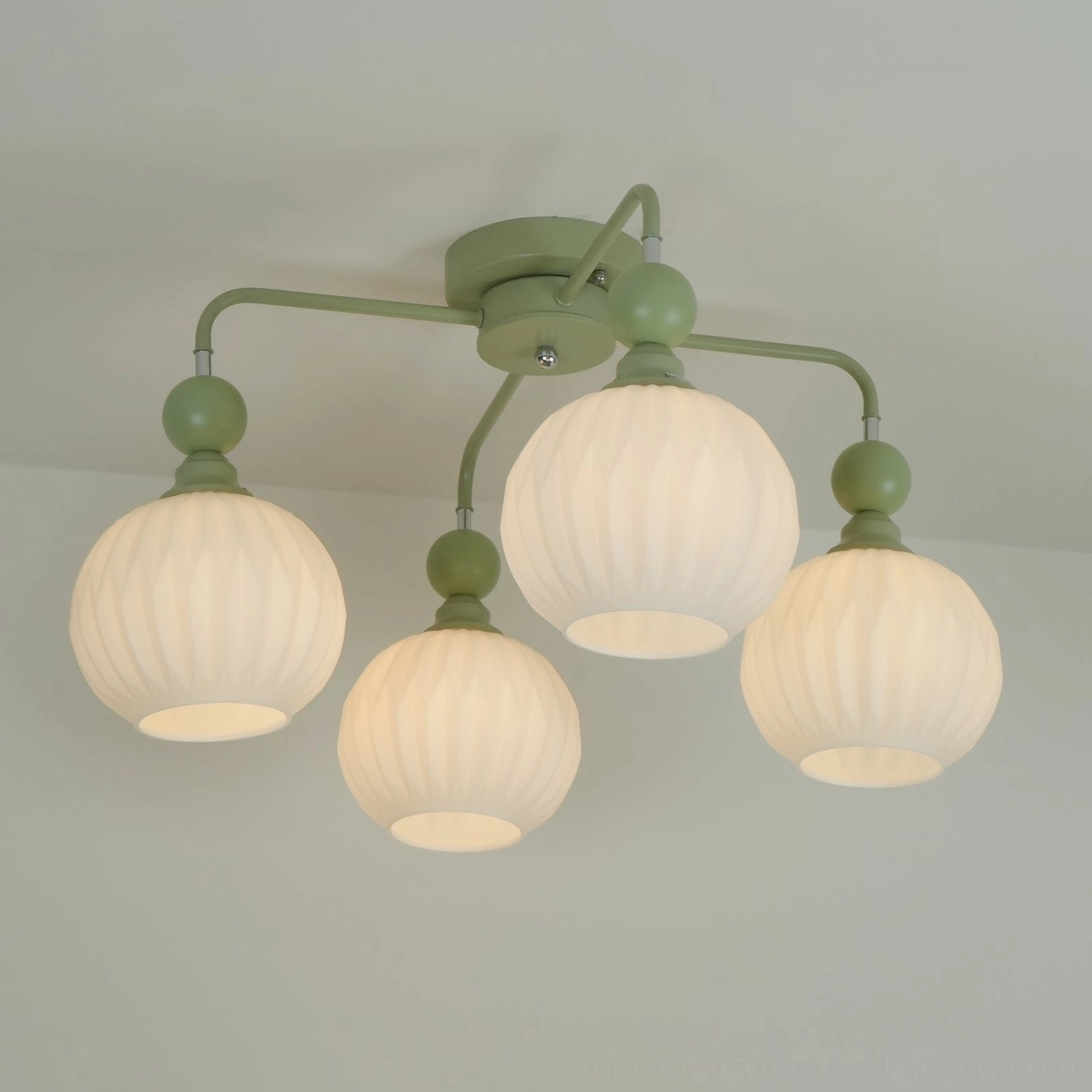 Mid-century modern ceiling chandelier with ribbed opal glass shades, detailed view