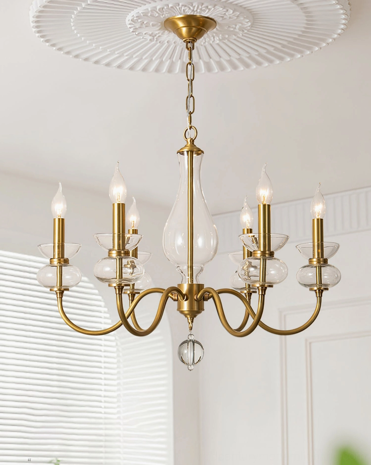 Classic brass chandelier bedroom ceiling installation fluted medallion mid-century