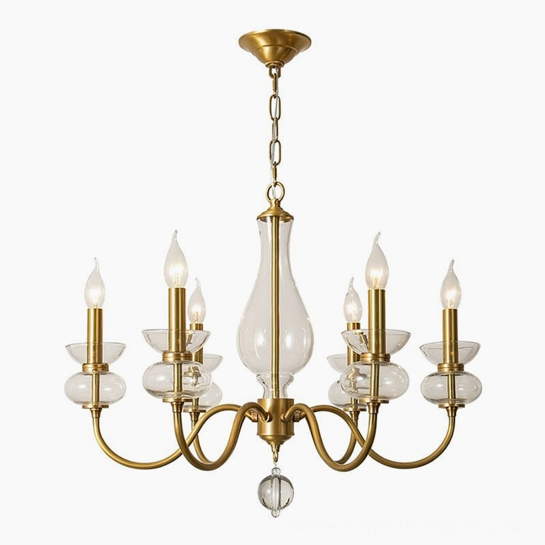 Mid-century modern brass chandelier detailed arms glass accents lighting fixture