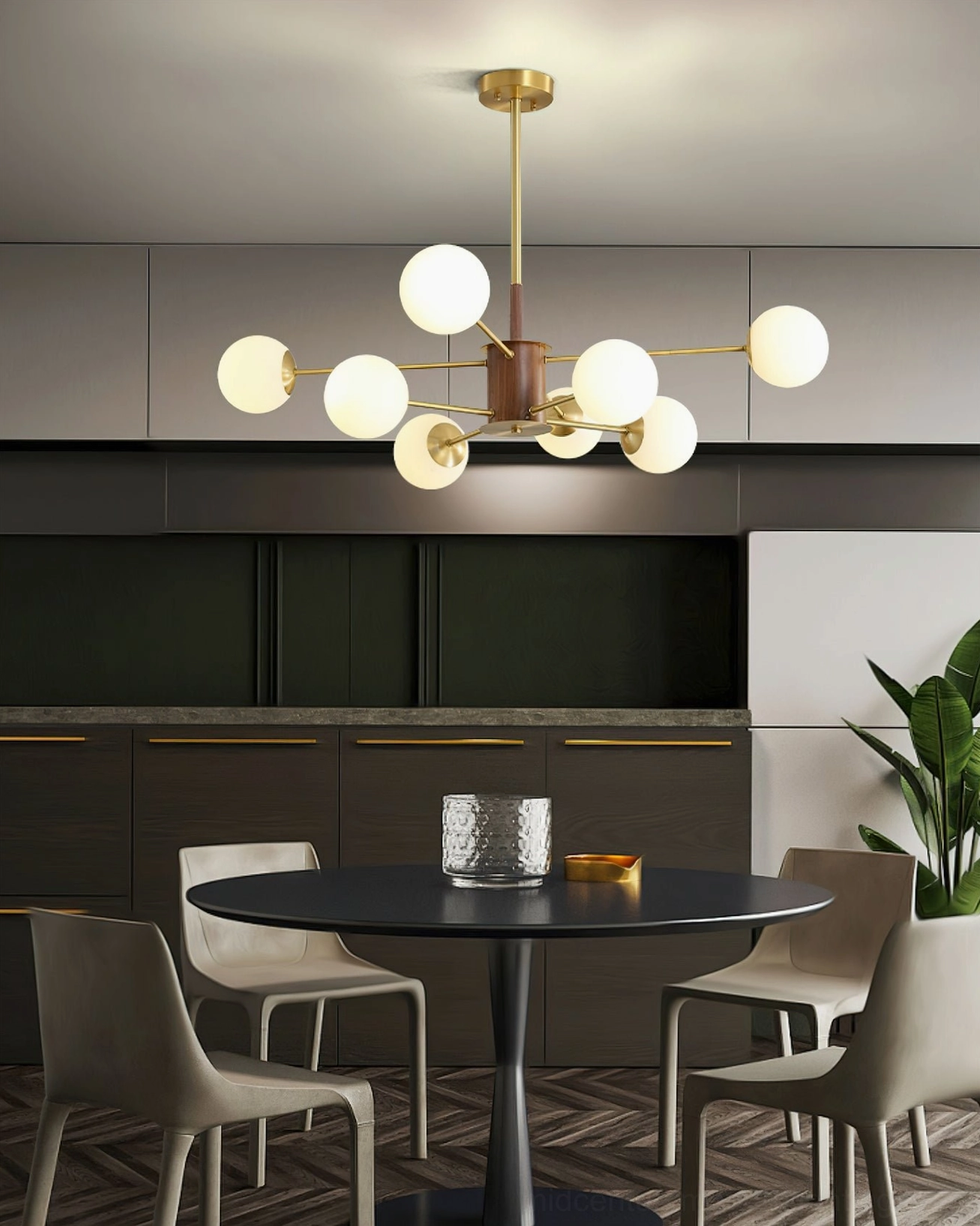 Modern glass globe chandelier positioned above round dining table in elegant dining space