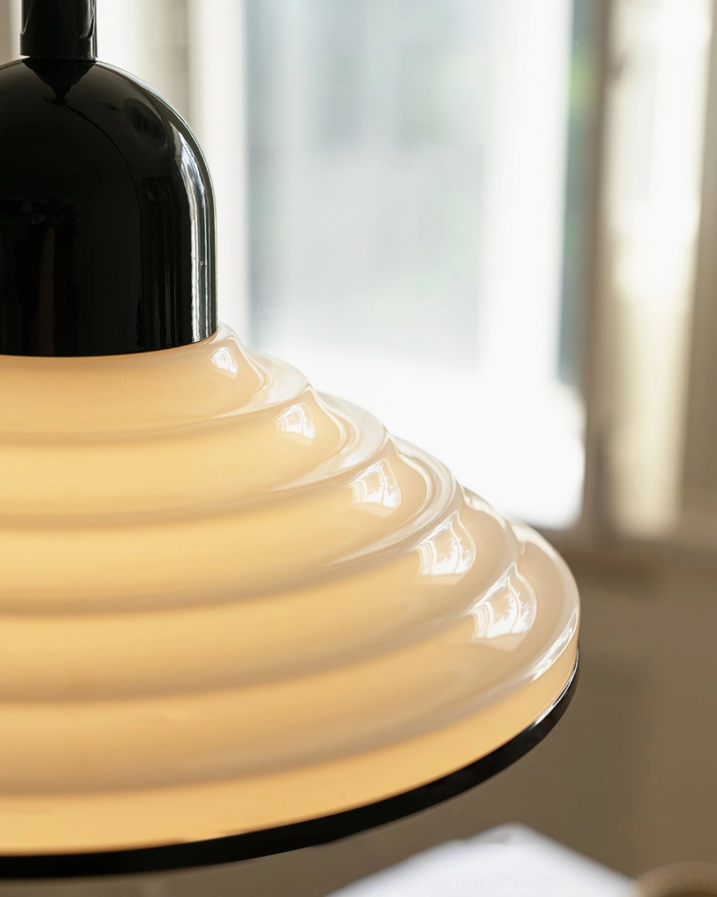 Mid-century modern ridged glass pendant lamp detailed side profile shot