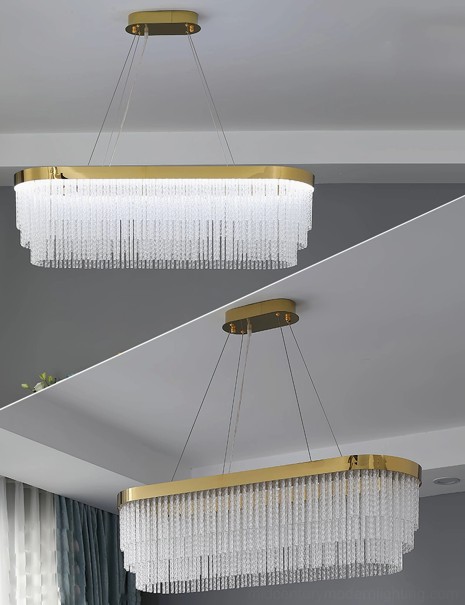 Modern design crystal chandelier mid-century aesthetic with clean lines gold frame