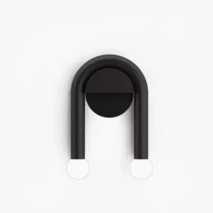 Mid-century modern double arched wall sconce with dual globe lights, matte black metal finish, frontal studio view