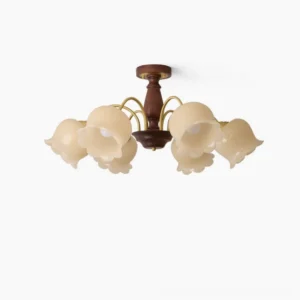 6-head floral glass flower chandelier with brass arms and walnut base, cream-colored ruffled bell-shaped shades, mid-century modern design