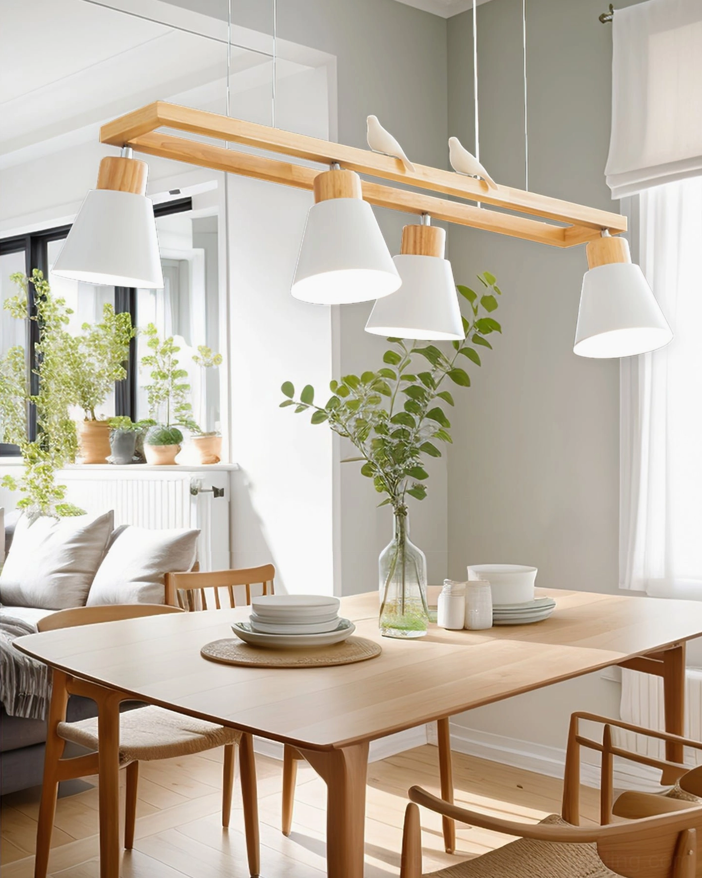 Mid-century modern four-head wooden cone chandelier with metal accents in contemporary dining room