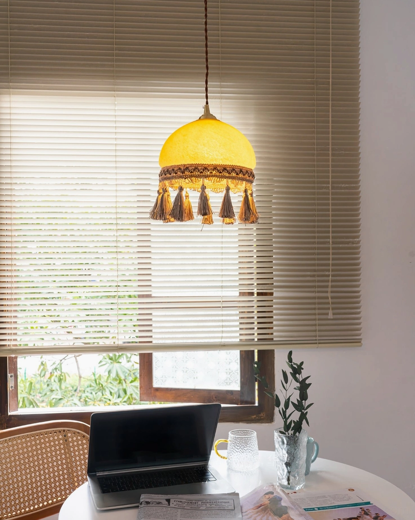 Mid-century modern French tassel brass pendant light showing overall hanging design and proportions