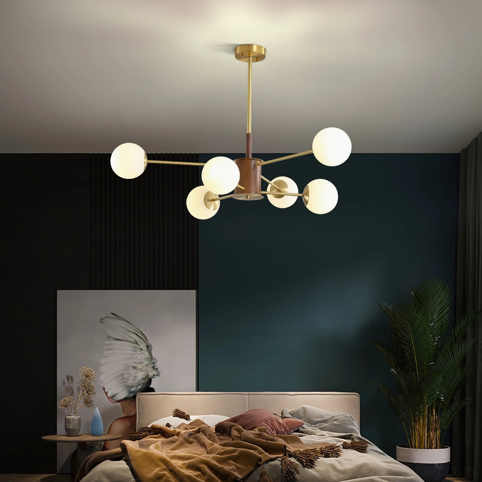 Gino mid-century modern glass chandelier installed in luxury master bedroom with dark wall decor