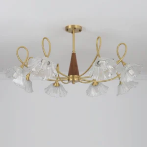 Ceiling hanging glass chandelier with curved brass arms and fluted glass shades - modern mid-century pendant light