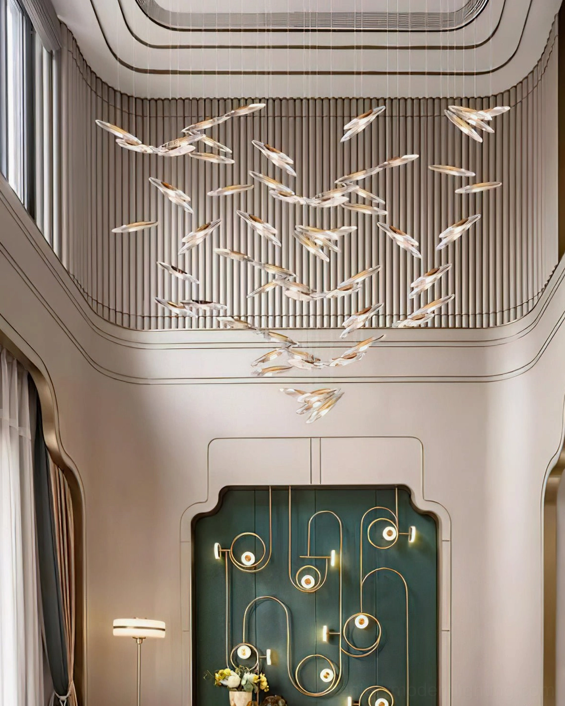 Mid-century inspired glass chandelier with refined pendant arrangement and modern aesthetic