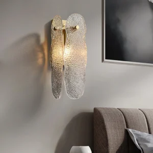 Mid-century modern wall sconce installed in contemporary living room, creating warm ambient accent lighting