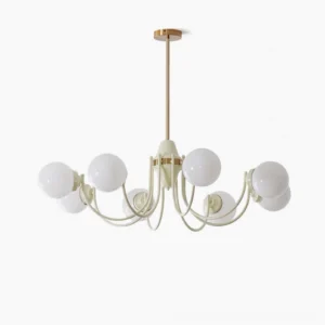 Mid-century modern globe chandelier with cream and brass finish, overhead flat lay view on white background