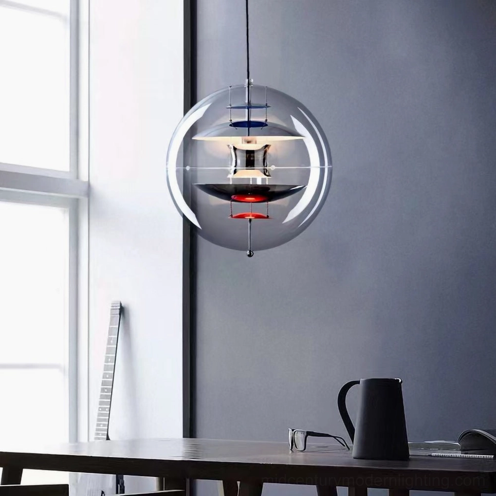 Mid-century modern globe pendant ceiling lamp in modern home office, side view showing layered interior