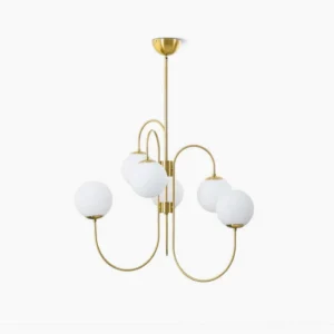 Elegant mid-century modern gooseneck chandelier with brass frame and frosted white glass globes displayed against pure white background
