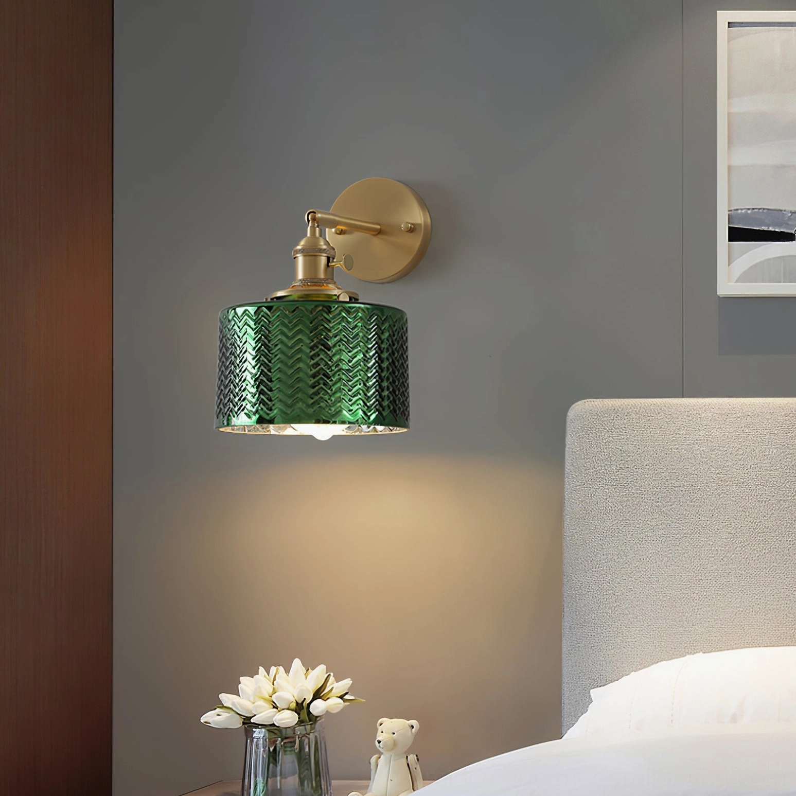 Mid-century modern green glass wall sconce with warm color temperature LED bulb option