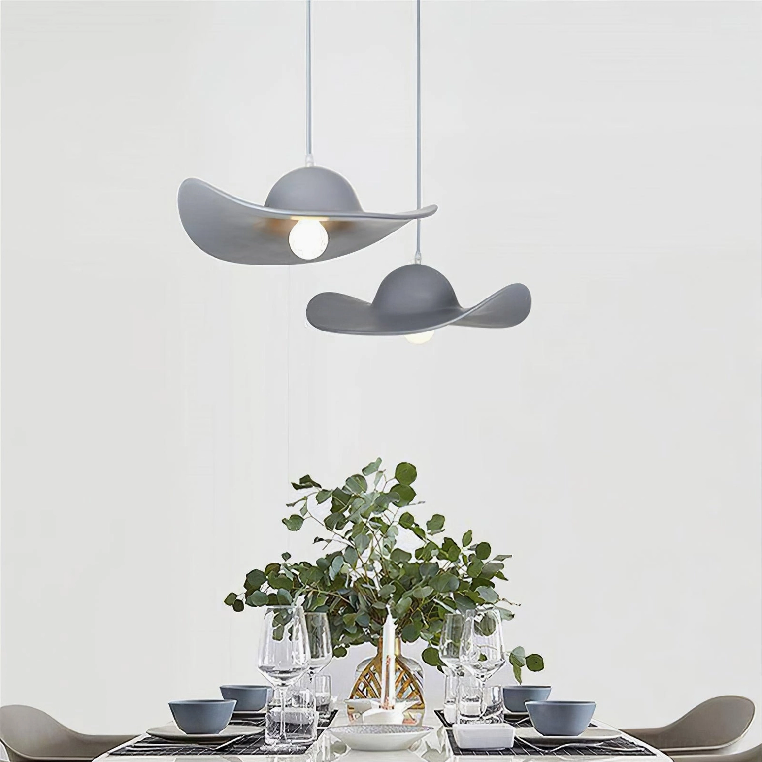 Mid-century modern hat-shaped pendant ceiling lamp with curved shade design detail
