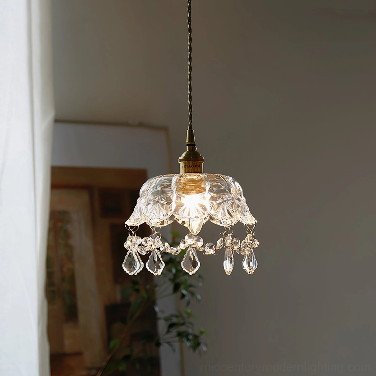 Mid-century modern jewel pendant with crystal glass shade, retro-luxe design element