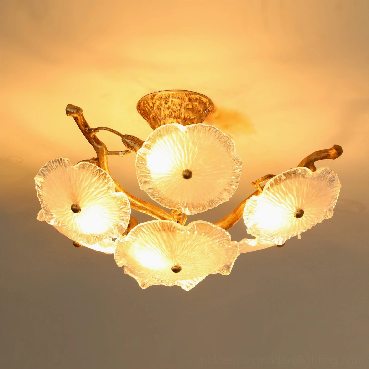 Mid-century modern inspired Kamal lotus flush mount ceiling light with botanical design