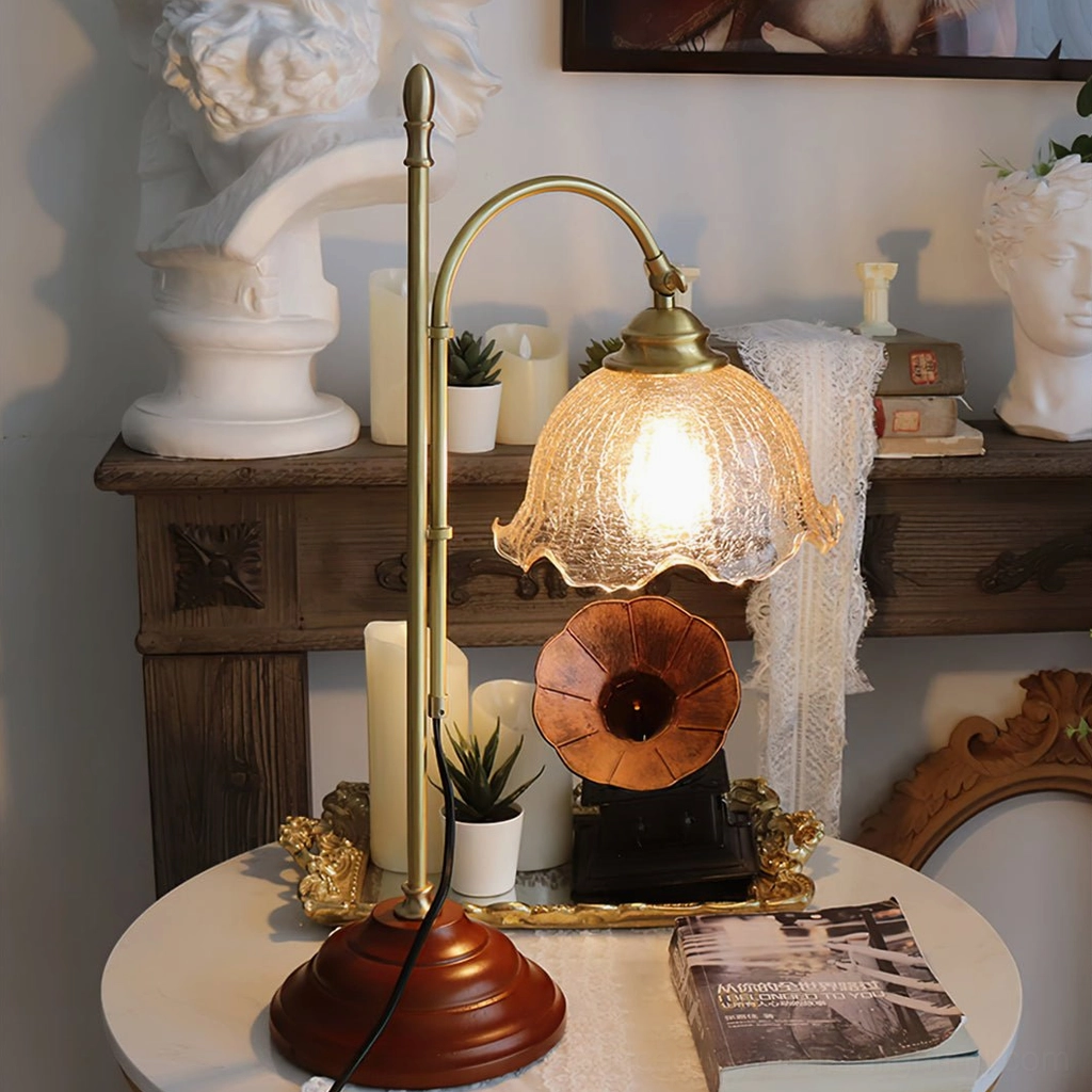 Mid-century modern textured glass lamp highlighting rippled shade design and brass accents, detail view