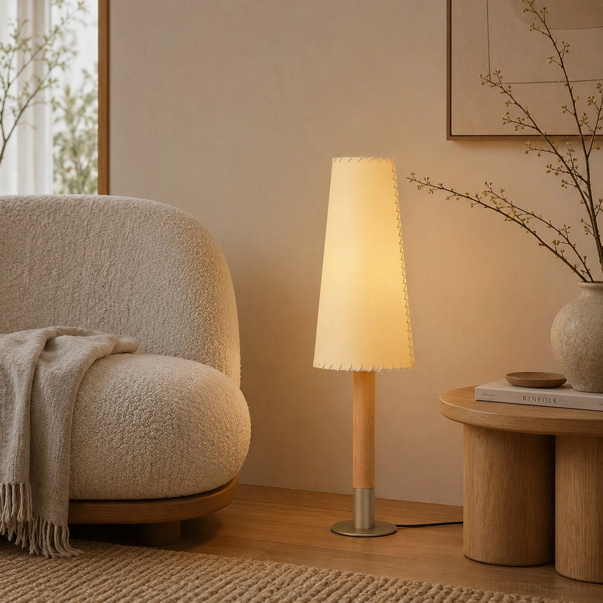 Parchment shade floor lamp creating intimate glow in plush seating nook with botanicals