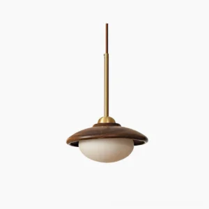 Mid-century modern Milivia pendant light with frosted glass globe and wooden canopy - studio front view
