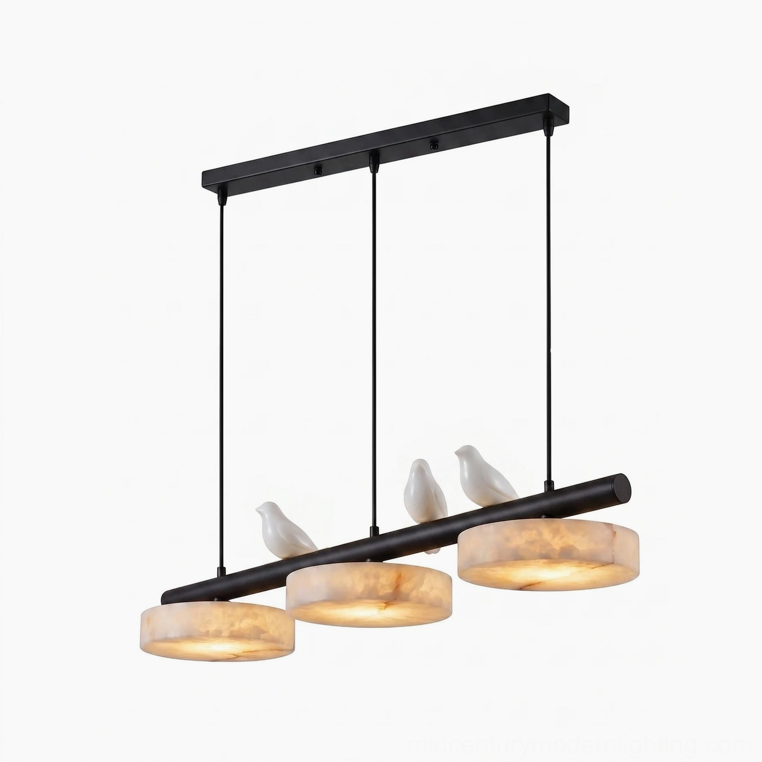 Mid-century modern linear chandelier with natural alabaster and hand-finished brass, three birds