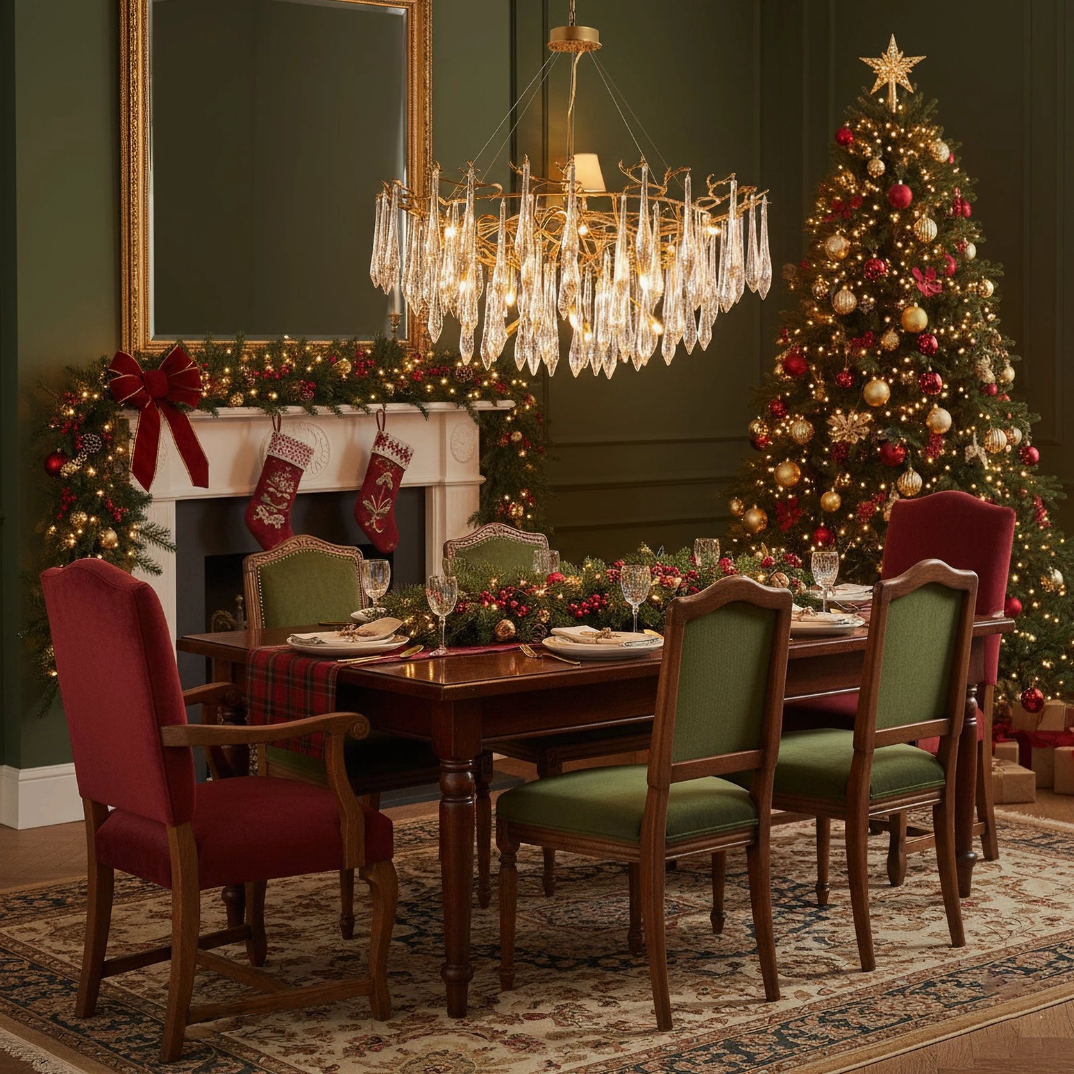 Mid-century modern branch-style chandelier with clear crystal glass and warm brass finish