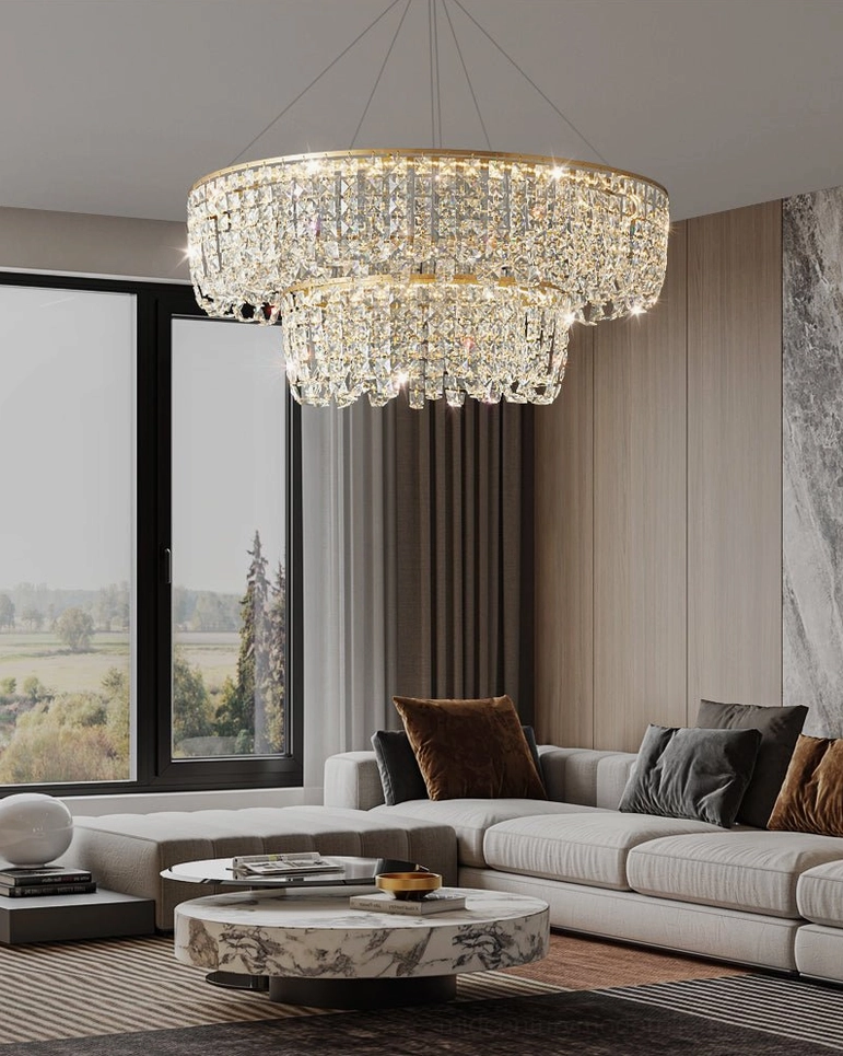 Mid-century modern brass chandelier overhead installation view with layered crystal design