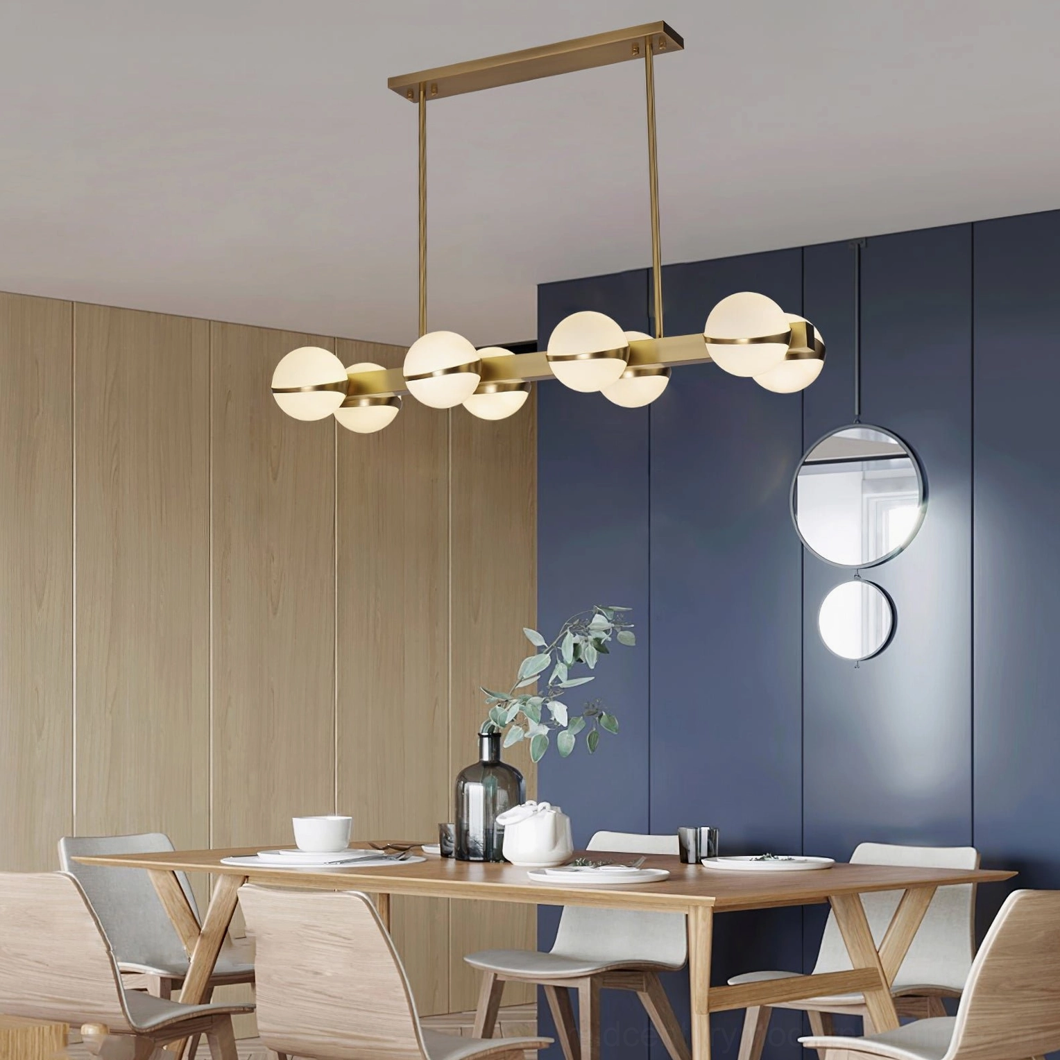 Brass frame pendant chandelier with white glass globes, Grand Lustre modern mid-century lighting fixture
