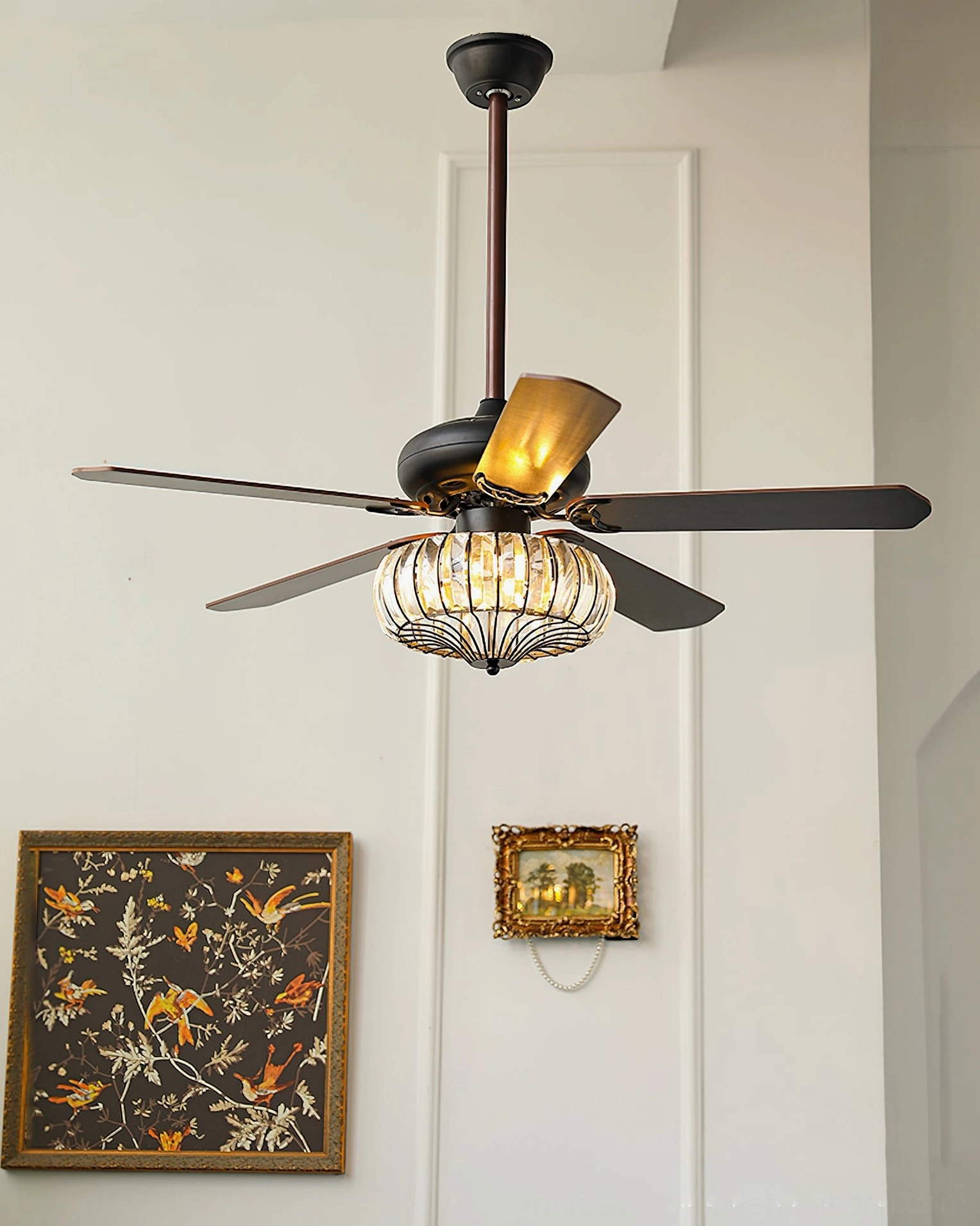 Mid-century modern inspired ceiling fan light with crystal diffuser, walnut wood elements, and integrated lighting system