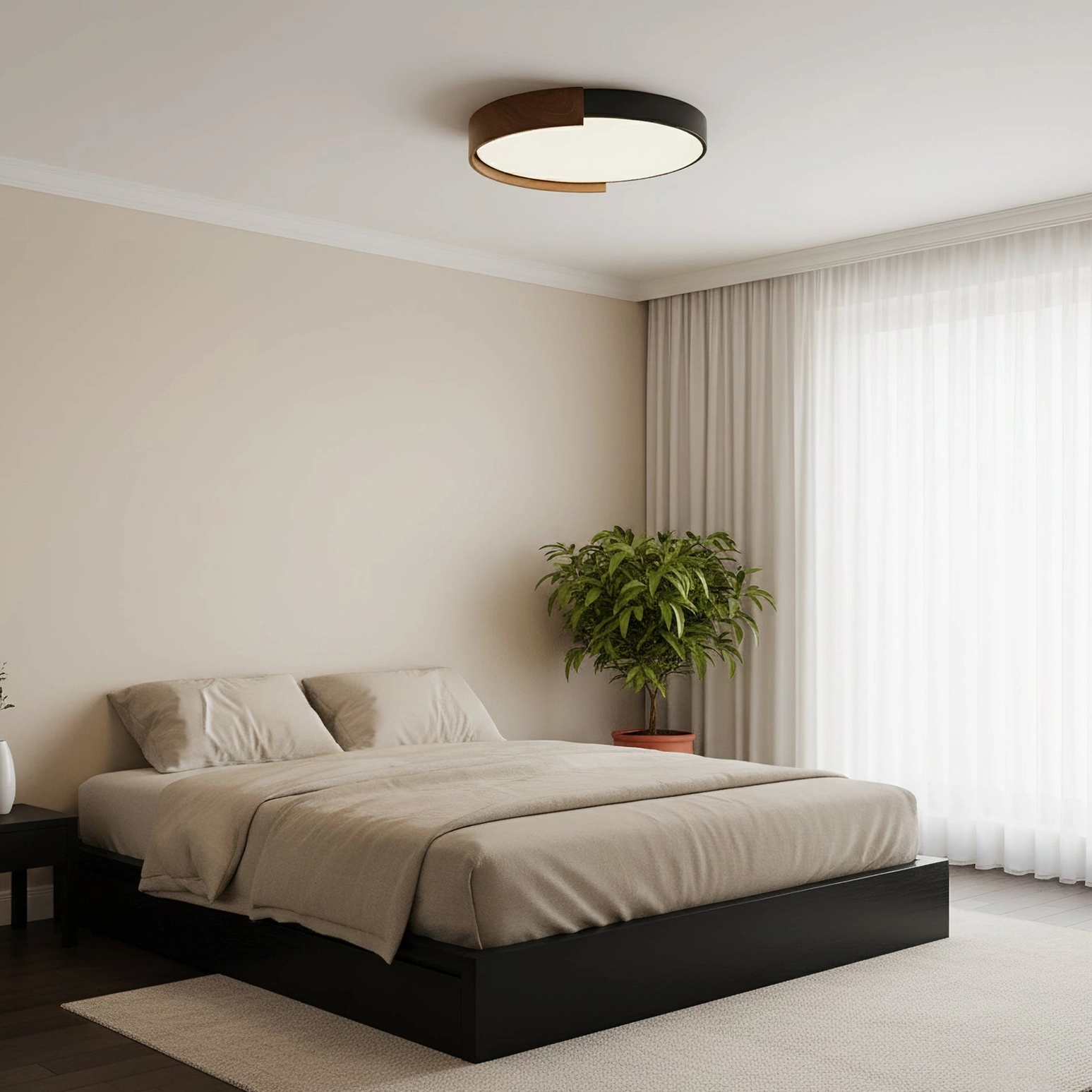Mid-century modern warm white ceiling light in scandinavian bedroom interior design