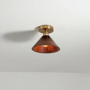 Mid-century modern cone-shaped walnut wood ceiling light fixture with brushed brass mount - top-down perspective