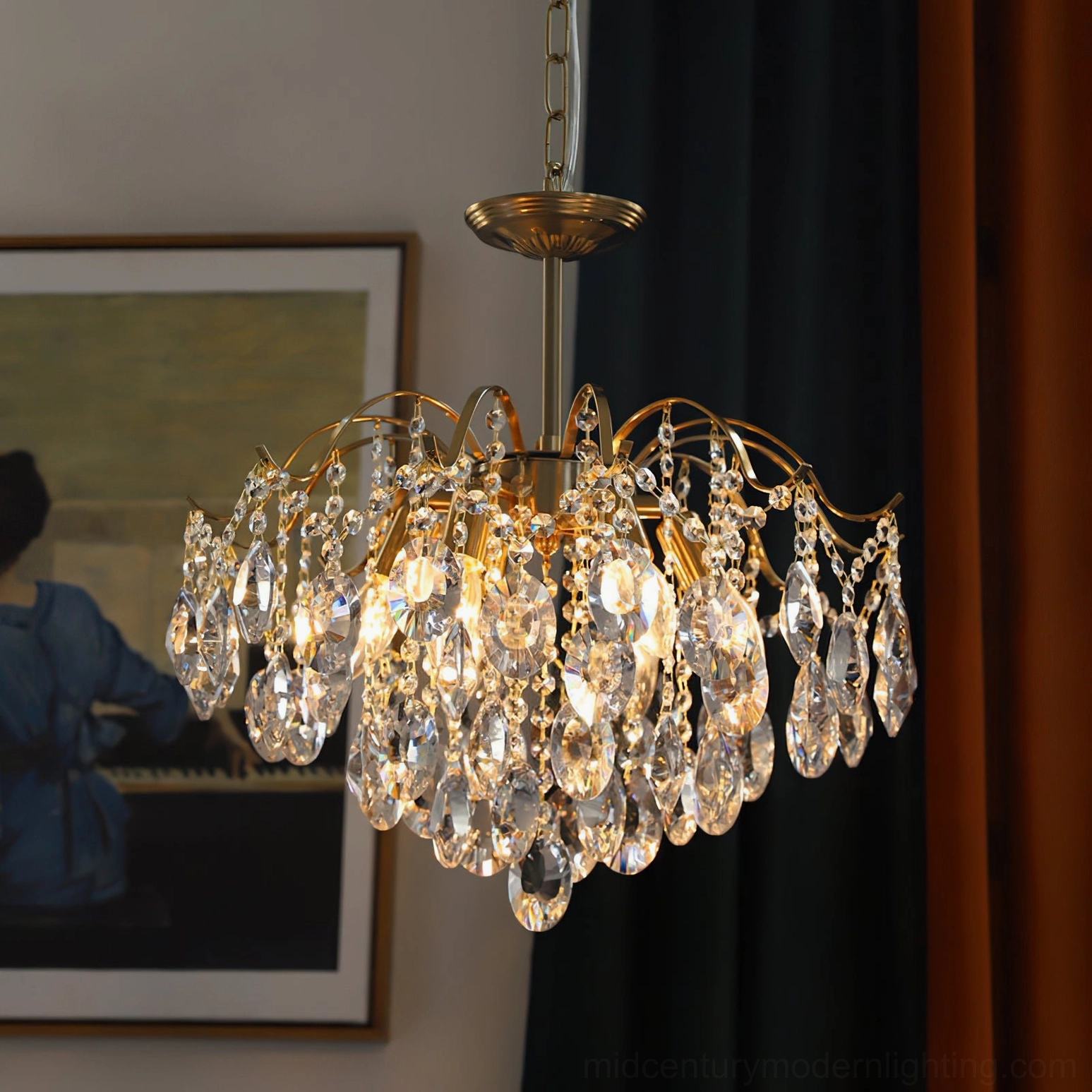 Mid-century modern crystal waterfall chandelier comprehensive room setting showcasing scale and ambiance in decorator interior