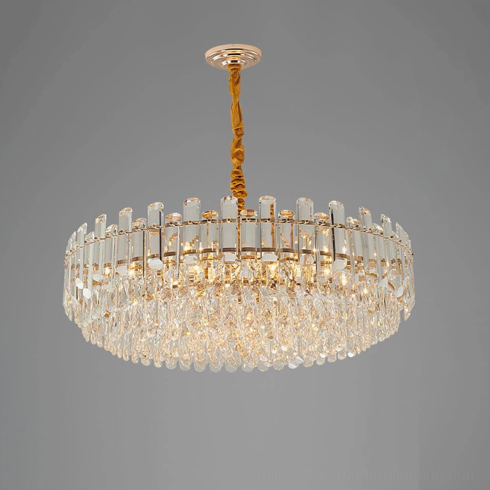 Mid-century modern inspired tiered crystal chandelier with elegant proportions and refined lighting aesthetic