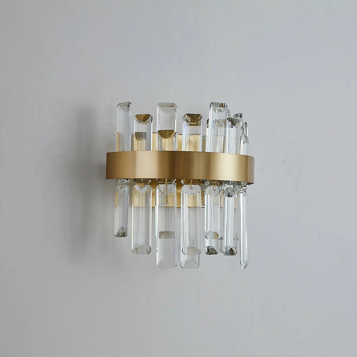 Premium brass crystal wall sconce with E14 dual sockets, featuring mid-century modern design and elegant crystal detailing