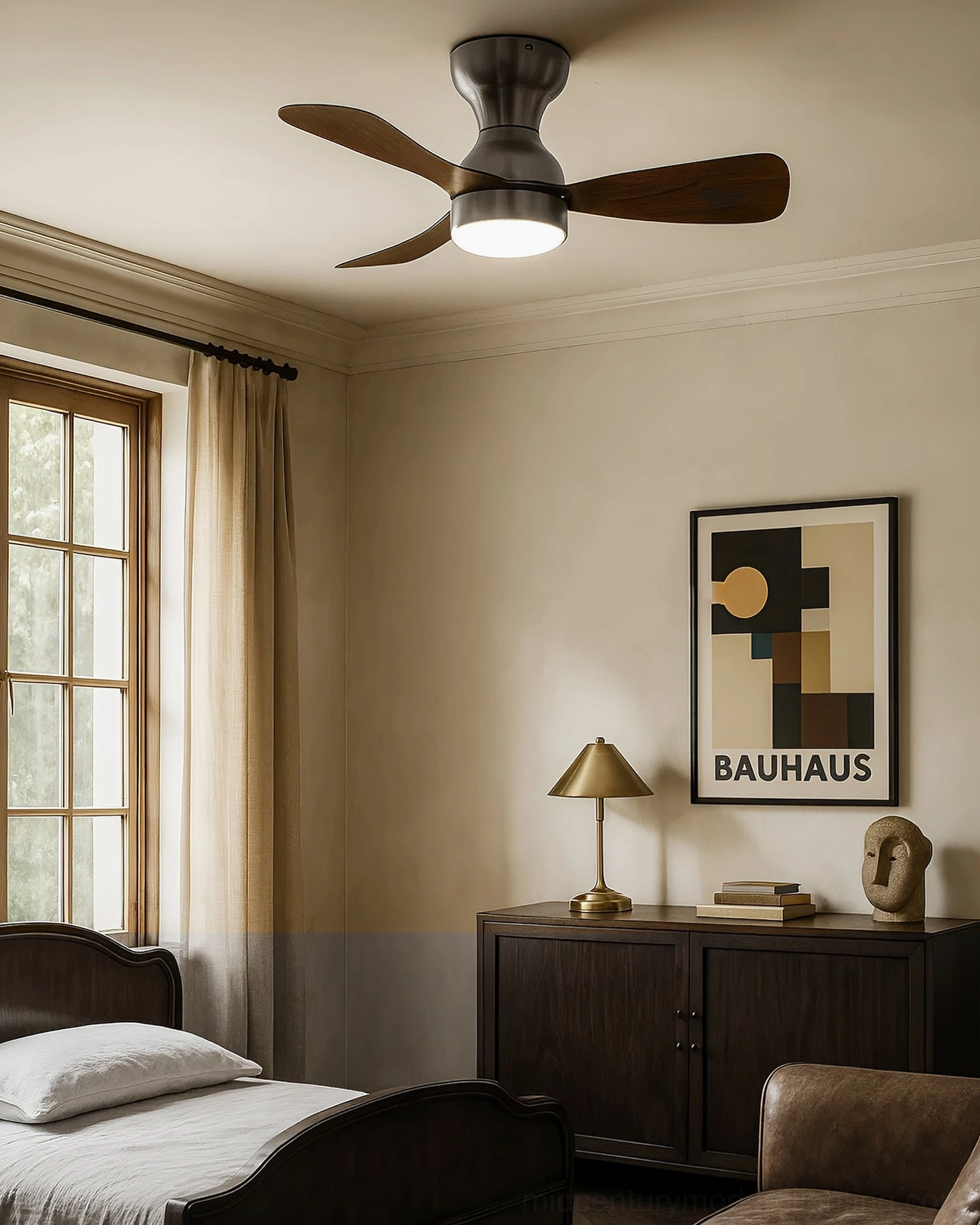 Mid-century modern inspired ceiling fan light fixture with DC motor and remote control in contemporary residential space, architectural detail view