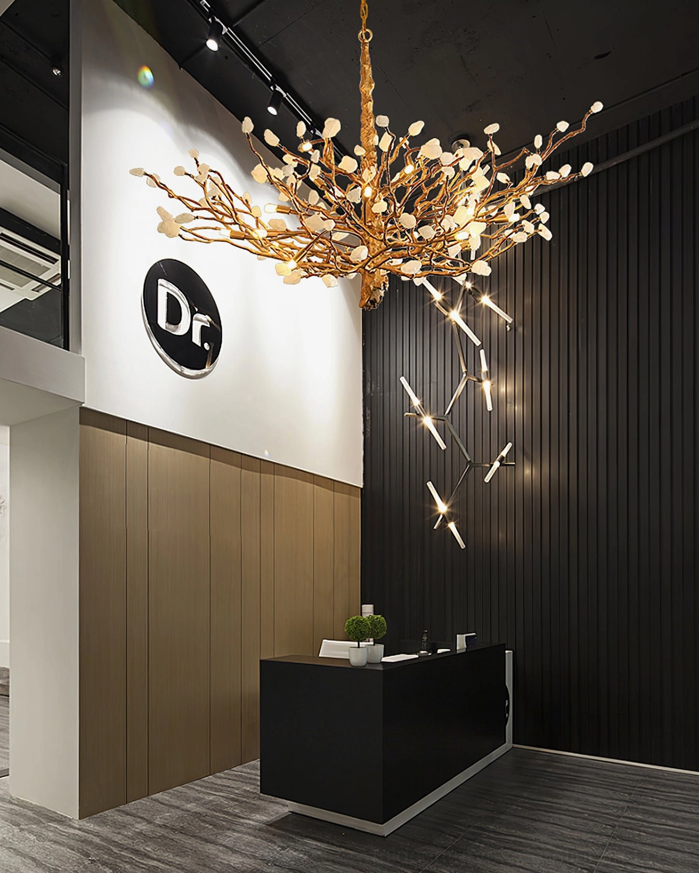 Modern mid-century inspired gemstone branch chandelier ceiling fixture with geometric precision