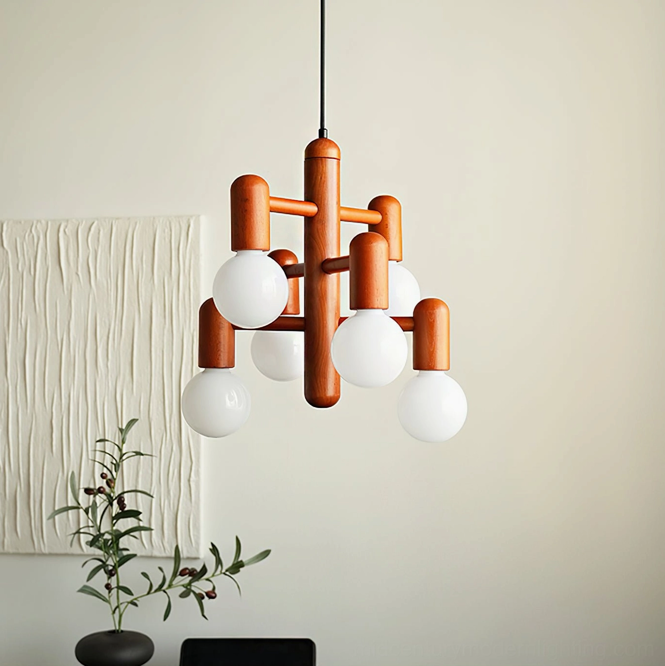 Minimalist wooden pendant chandelier with geometric arms and frosted bulbs