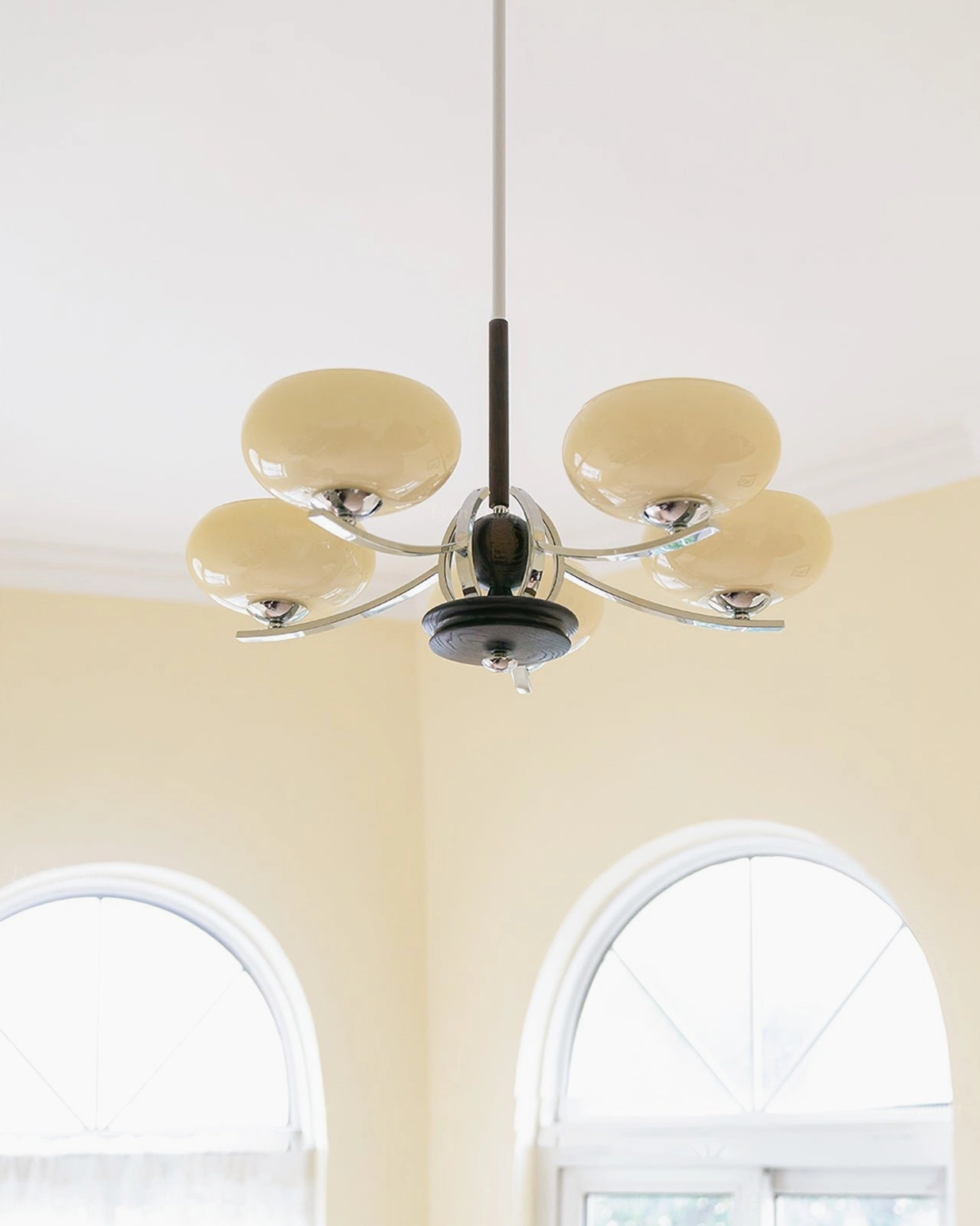 Mid-century modern glass chandelier with walnut wood and chrome finish - detail photography showcasing design craftsmanship