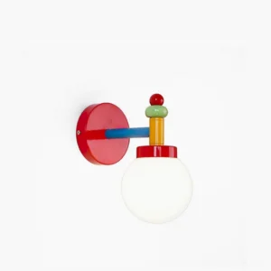 Colorful mid-century modern glass wall sconce with stacked geometric metal hardware in red, green, yellow, and blue finishes