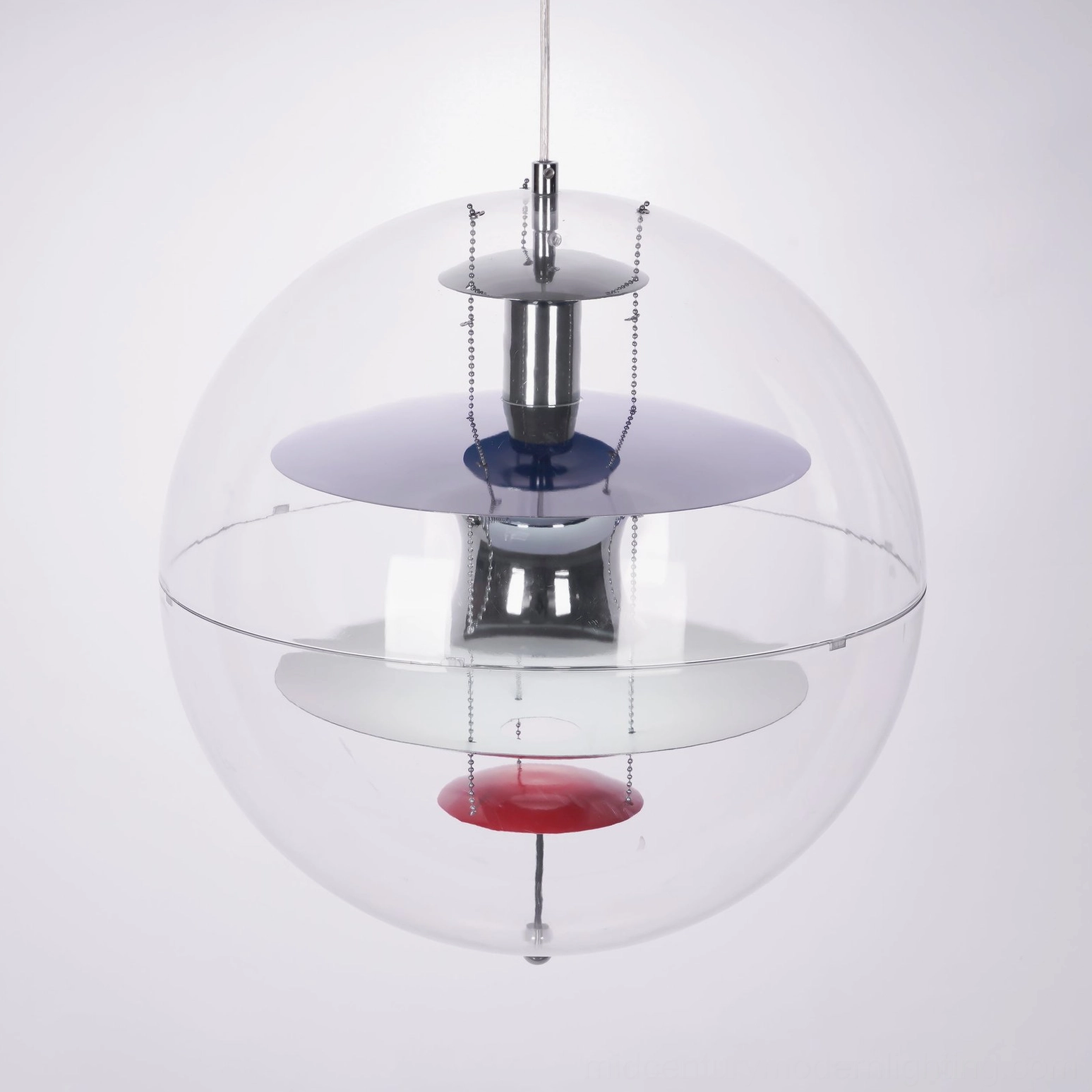 Mid-century modern globe pendant with transparent cover, studio lighting perspective