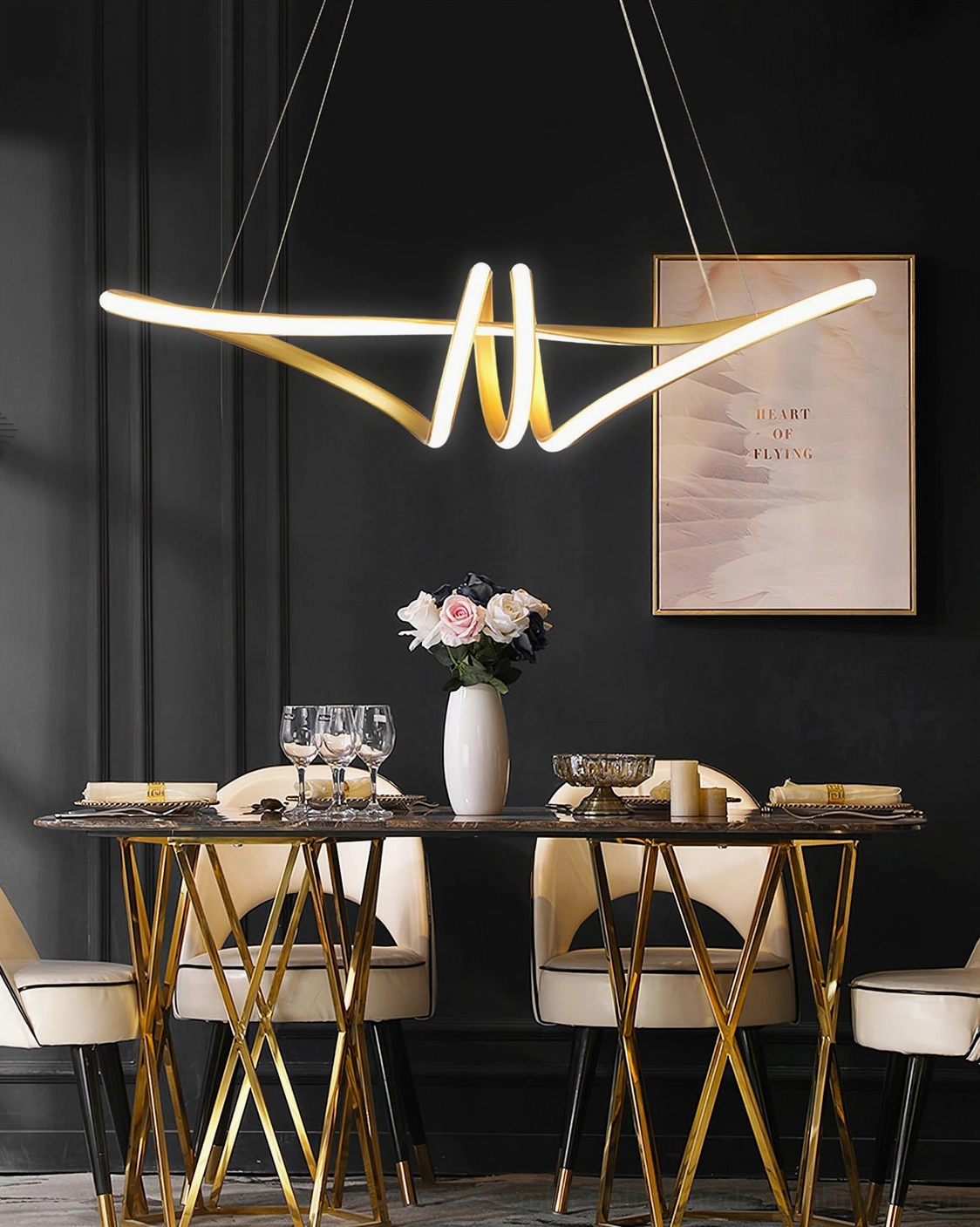 Mid-century modern inspired gold twisted LED chandelier, sculptural lighting design with continuous flowing lines and minimalist form