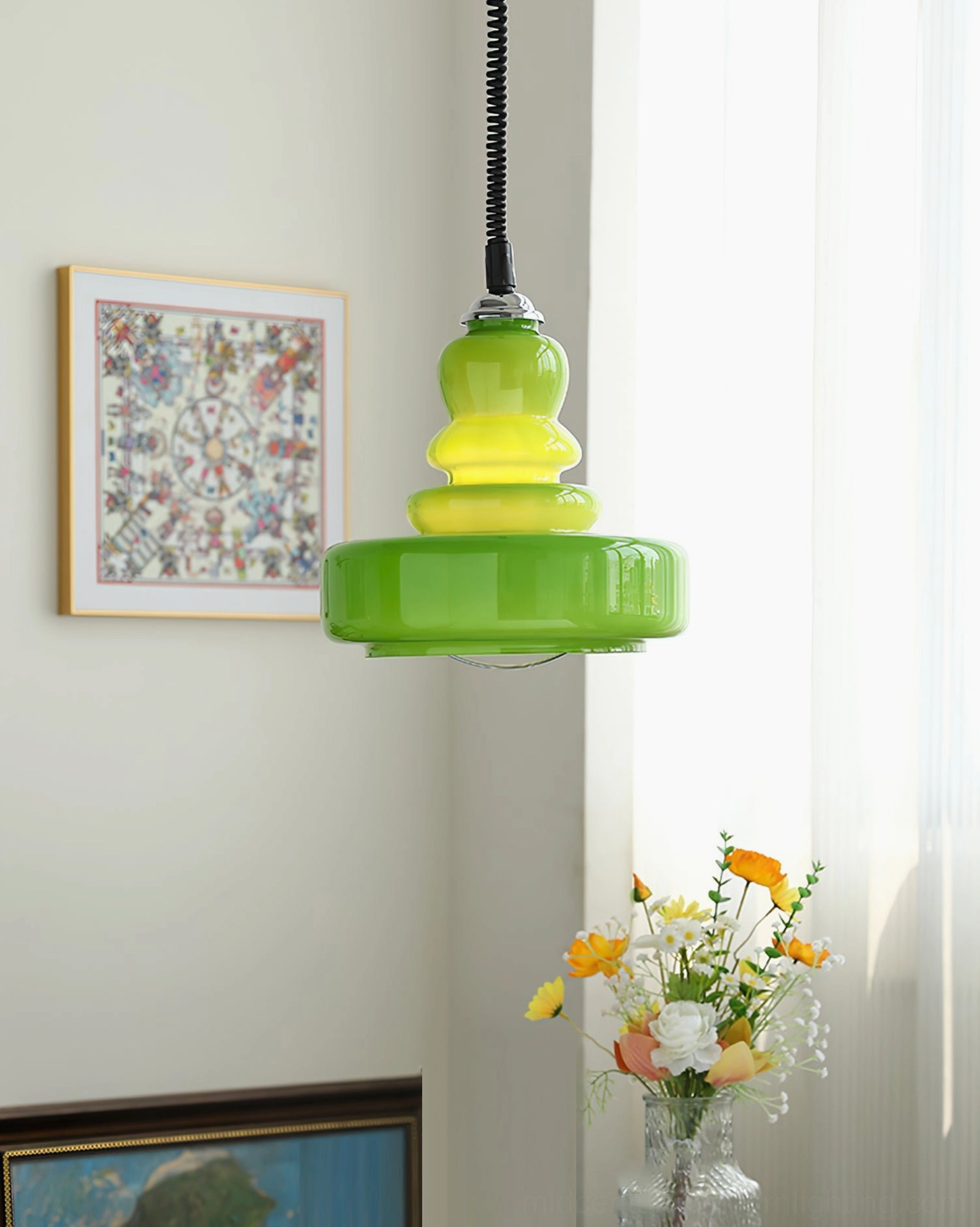 Mid-century modern gourd glass pendant light in neutral cream finish with layered organic form and sculptural appeal
