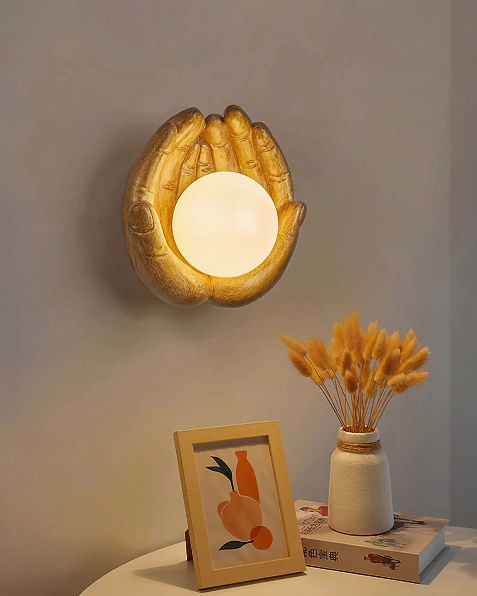 Mid-century modern holding hands wall lamp sculpture showcasing artistic hand details and emotional symbolism of care and connection