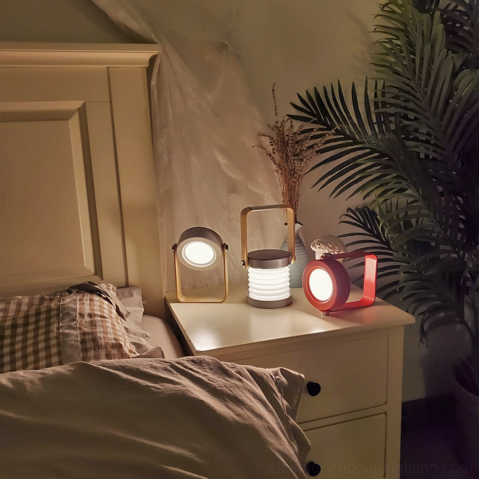 Mid-century modern inspired lantern table lamp with integrated LED, Nordic design aesthetic in home interior