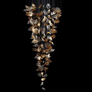 Modern glass leaf chandelier with dense brushed gold and transparent leaf ornaments