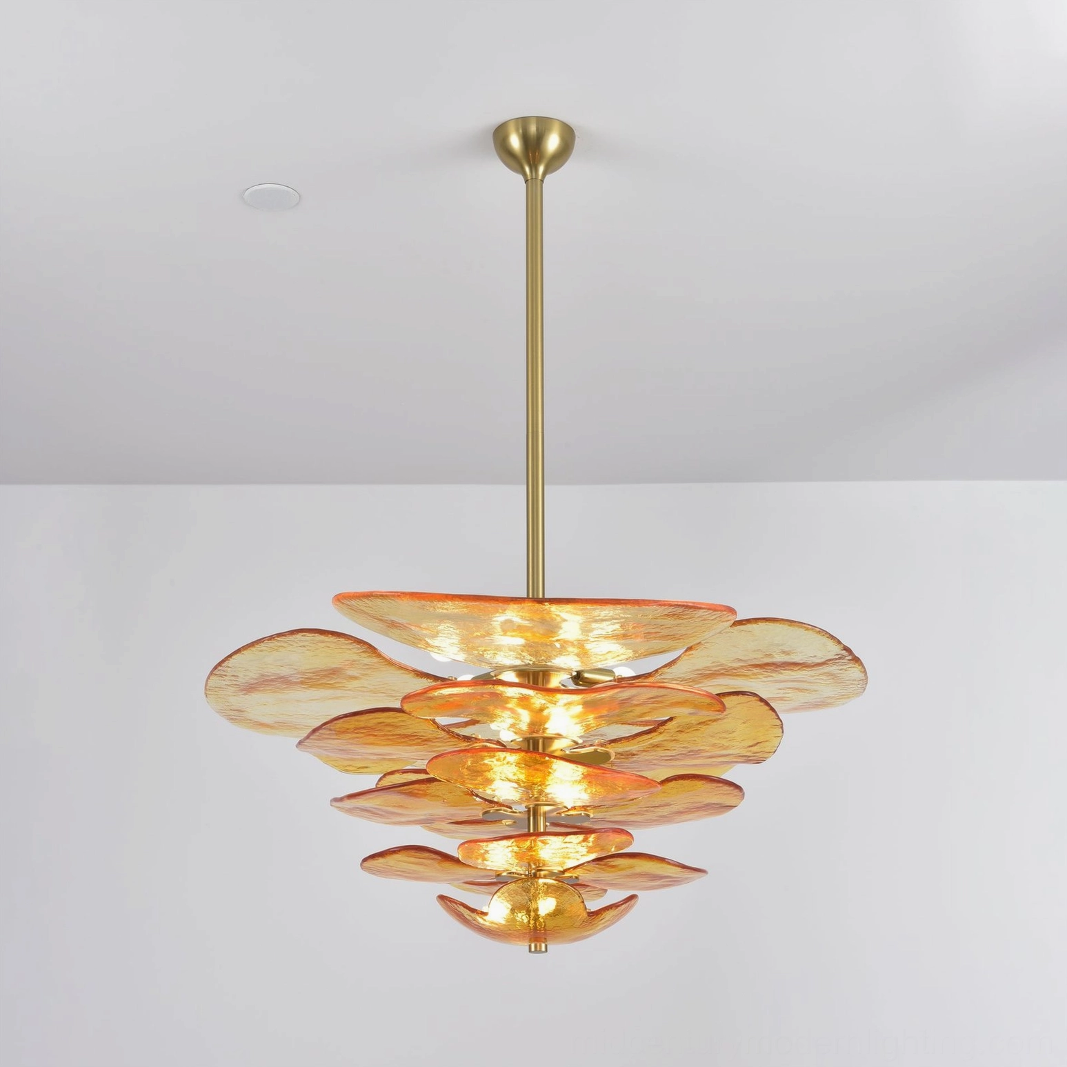Mid-century modern lotus leaf Murano chandelier suspended ceiling fixture with tiered glass design
